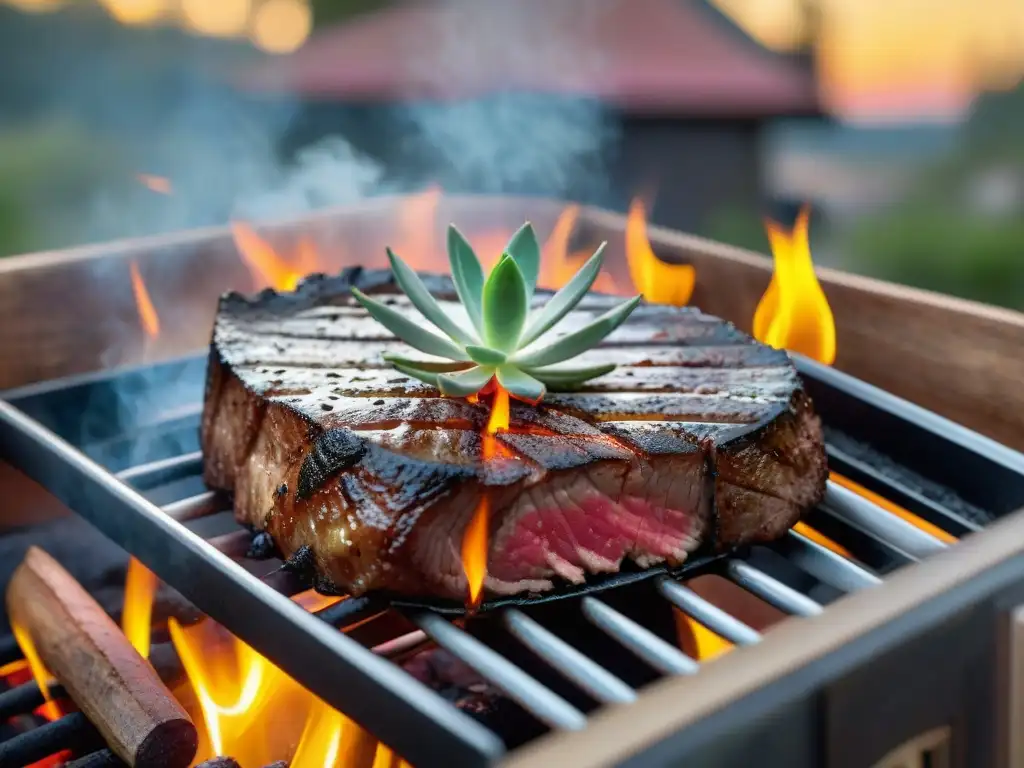 Deliciosa entraña uruguaya en la parrilla, jugosa por dentro y con un perfecto exterior dorado, acompañada de romero fresco y sal gruesa