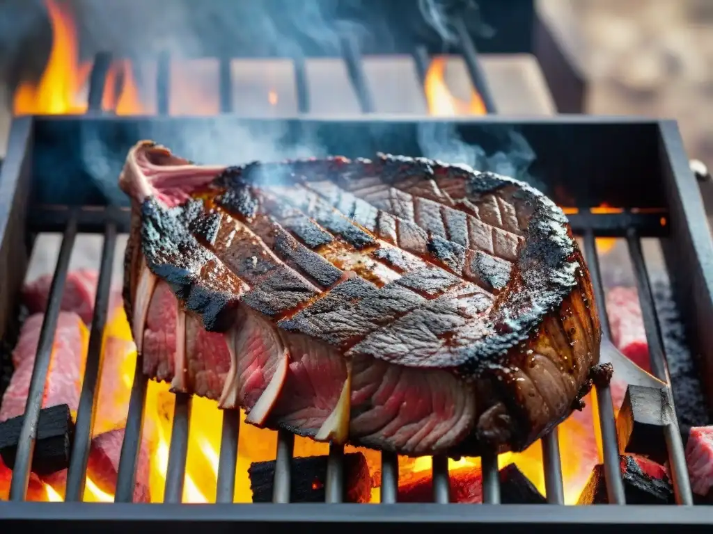 Deliciosa entraña en parrilla uruguaya, perfectamente cocida y sazonada, rodeada de brasas humeantes