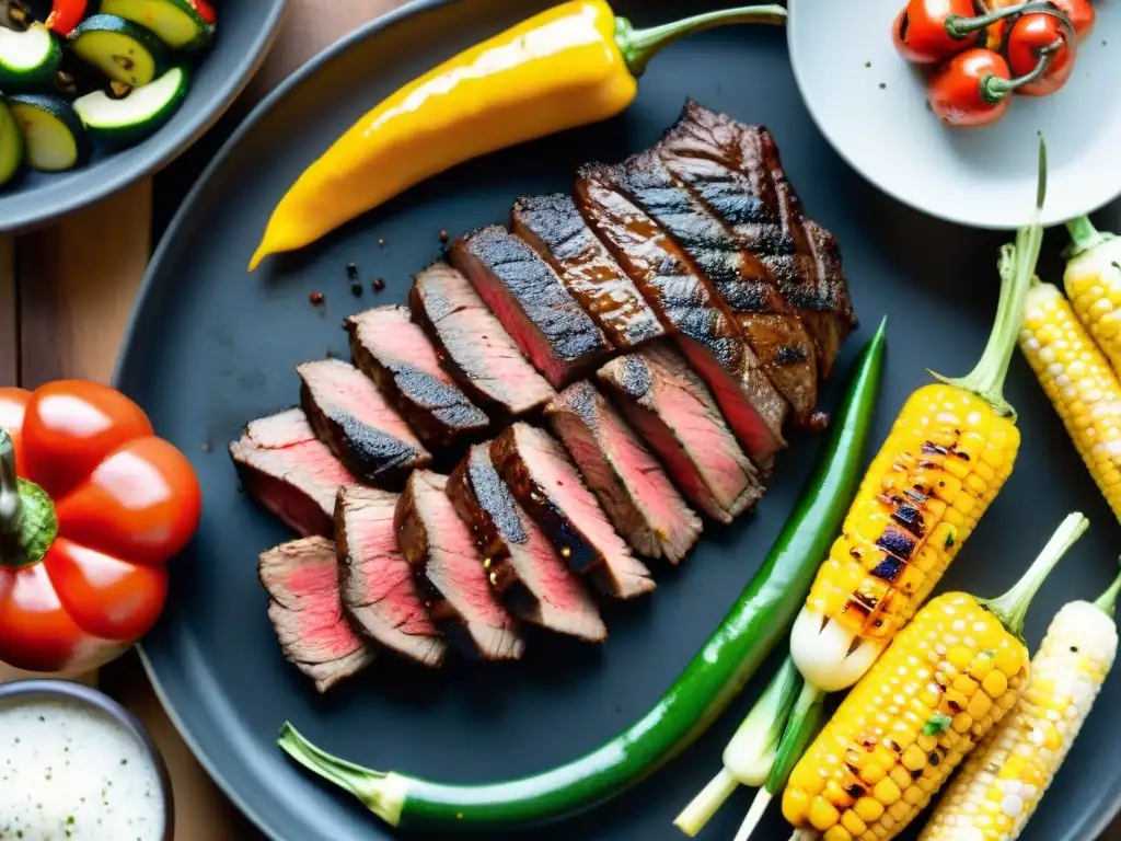 Suculenta entraña a la parrilla con vegetales asados Deliciosa entraña uruguaya a la parrilla con vegetales asados