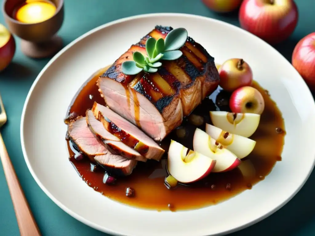 Una deliciosa escena de un asado de cerdo con manzanas y sidra, perfectamente caramelizado y jugoso, creando una experiencia culinaria única