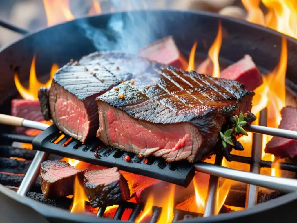 Una deliciosa escena de asado uruguayo con cortes de carne magra, cocinándose a la parrilla sobre brasas ardientes