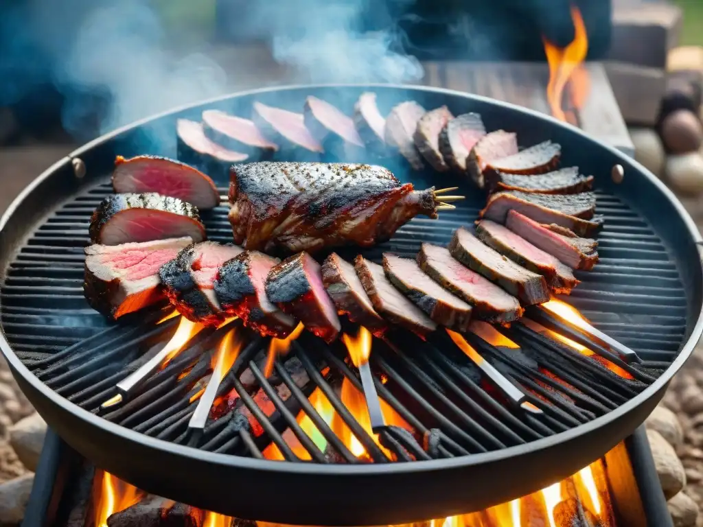 Una deliciosa escena de asado uruguayo exótico con carnes de avestruz, jabalí y canguro, perfectamente doradas sobre brasas ardientes