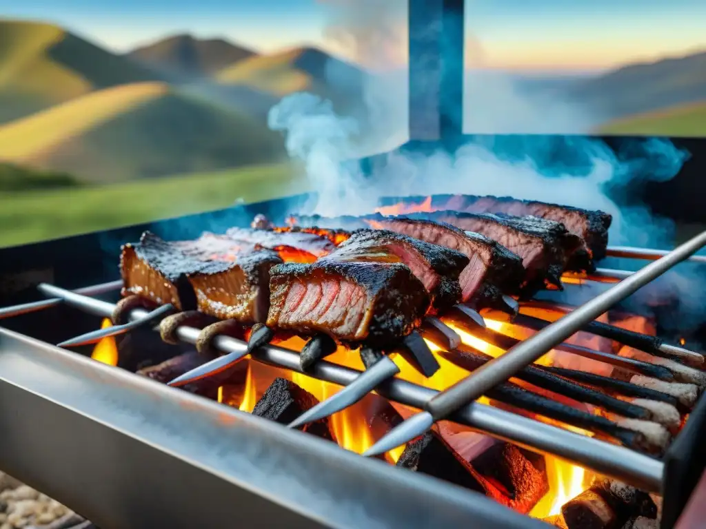 Deliciosa escena de asado uruguayo con costillar a estaca sobre brasas, en un paisaje campestre