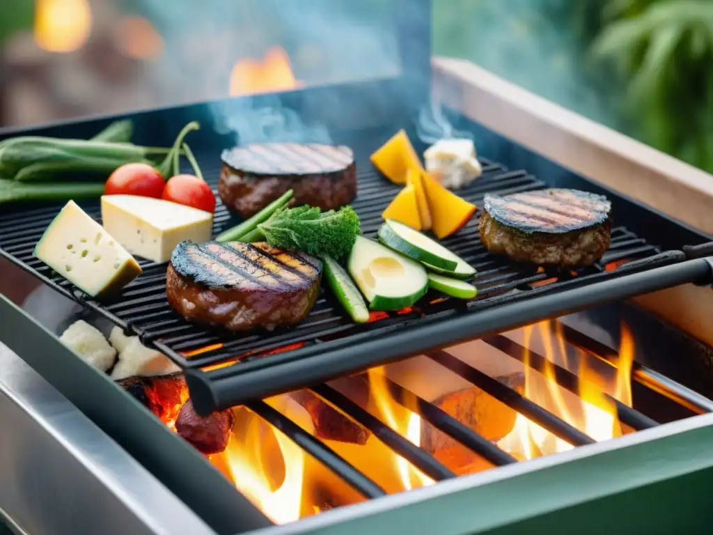 Deliciosa escena de asado vegano con queso vegetal en jardín al atardecer