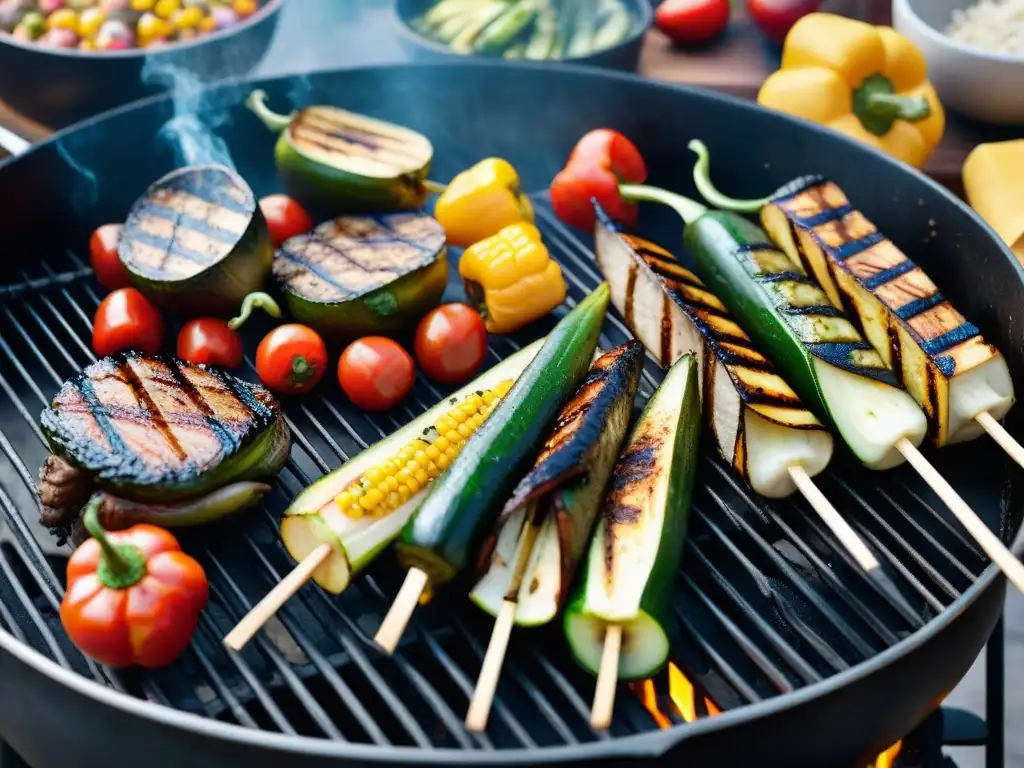 Una deliciosa escena de un asado vegano con verduras grilladas en la parrilla, ¡una explosión de sabor y color!