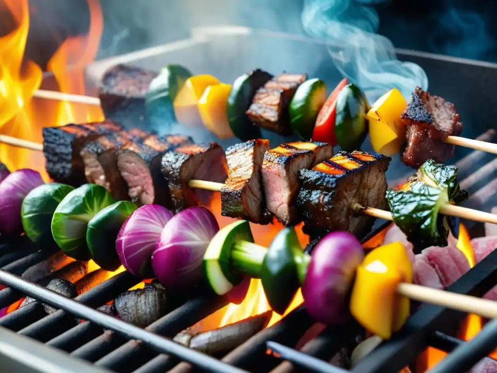 Una deliciosa escena de brochetas mixtas en una parrilla humeante, capturando la esencia de un asado uruguayo