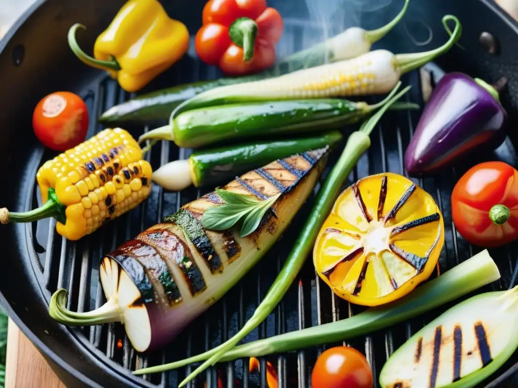 Una deliciosa imagen de asado vegano: verduras coloridas en la parrilla, con hierbas frescas y humo sutil