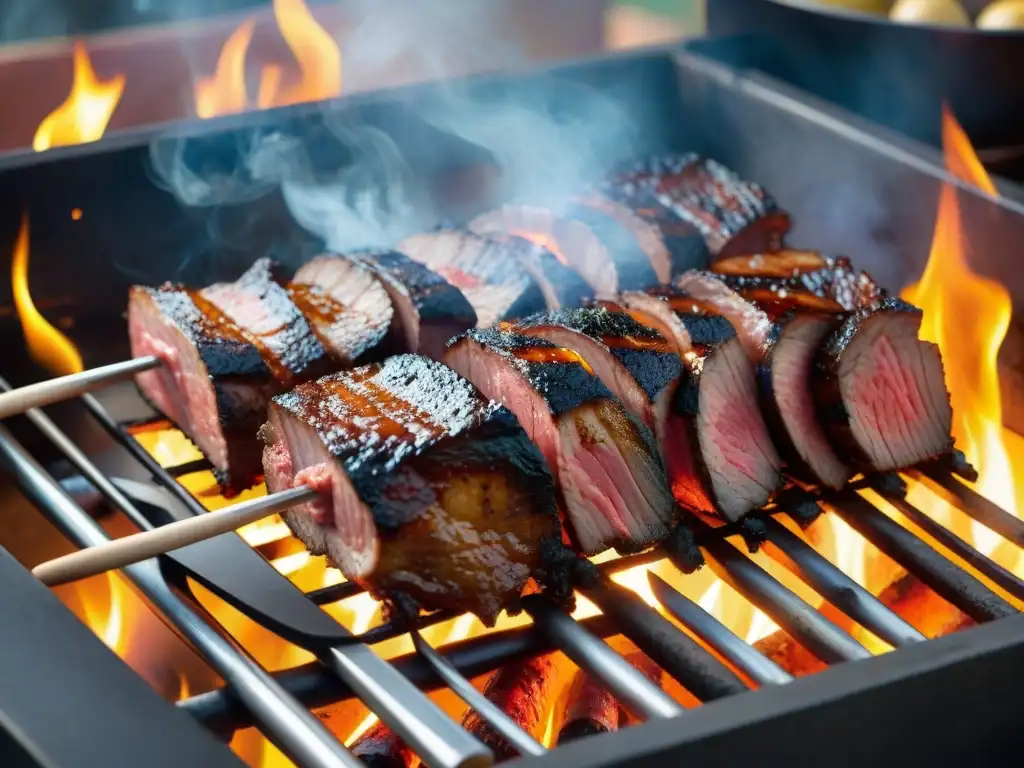 Una deliciosa imagen detallada de un 'corte secreto' asado uruguayo perfectamente grillado, con marcas de parrilla y aroma tentador