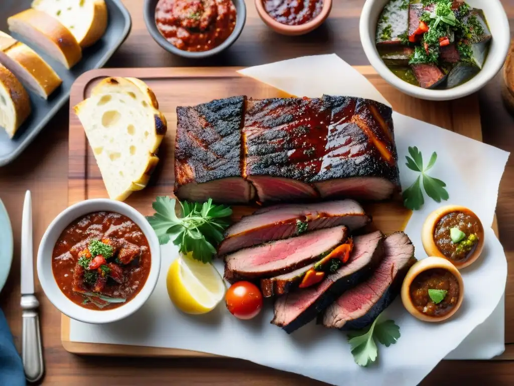 Deliciosa importancia estética del asado uruguayo en mesa rústica con carnes, chimichurri y vegetales a la parrilla bajo cálida luz solar