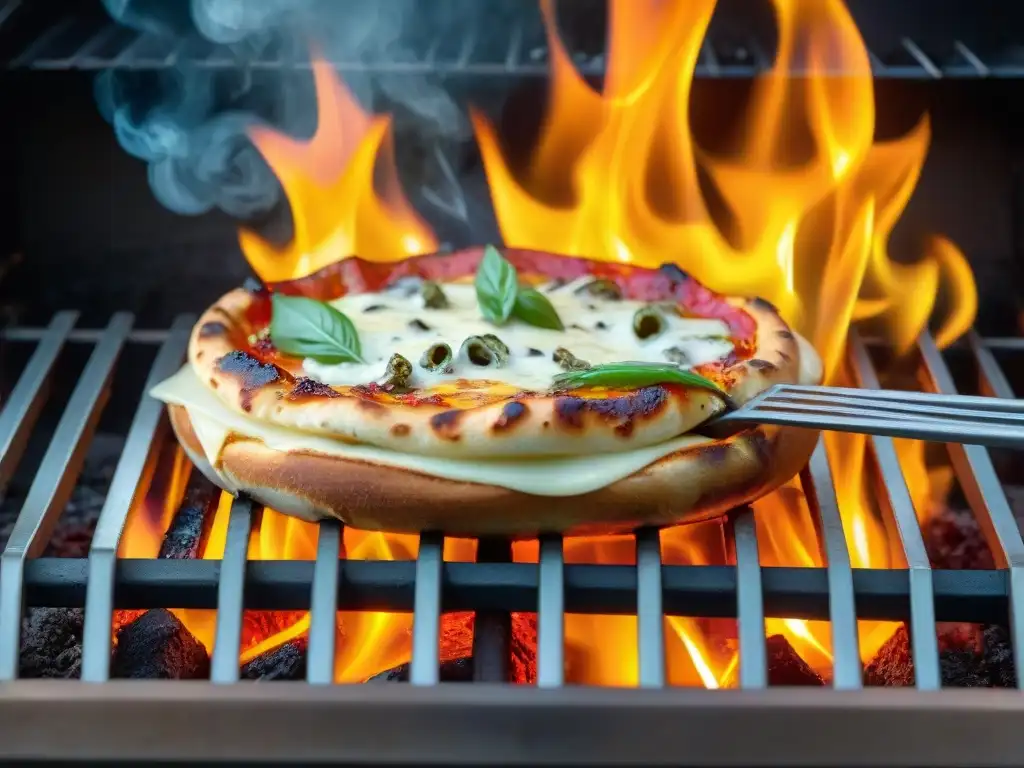 Deliciosa matambre a la pizza recién cocida en la parrilla, con queso burbujeante y una corteza dorada