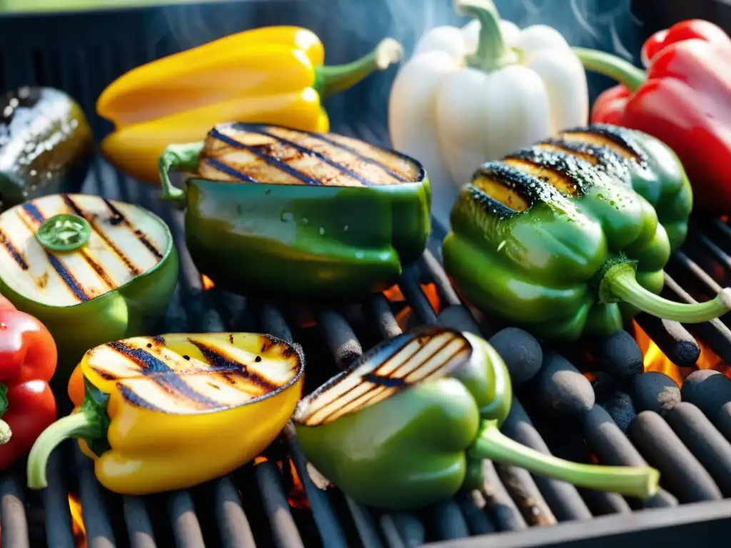 Una deliciosa mezcla de vegetales en el asado uruguayo, con colores vibrantes y marcas de parrilla perfectas