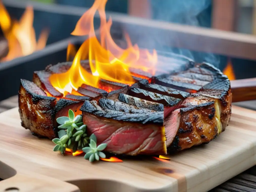 Deliciosa paleta de asado económica, dorada y jugosa, en una parrillada al aire libre con llamas y hierbas aromáticas