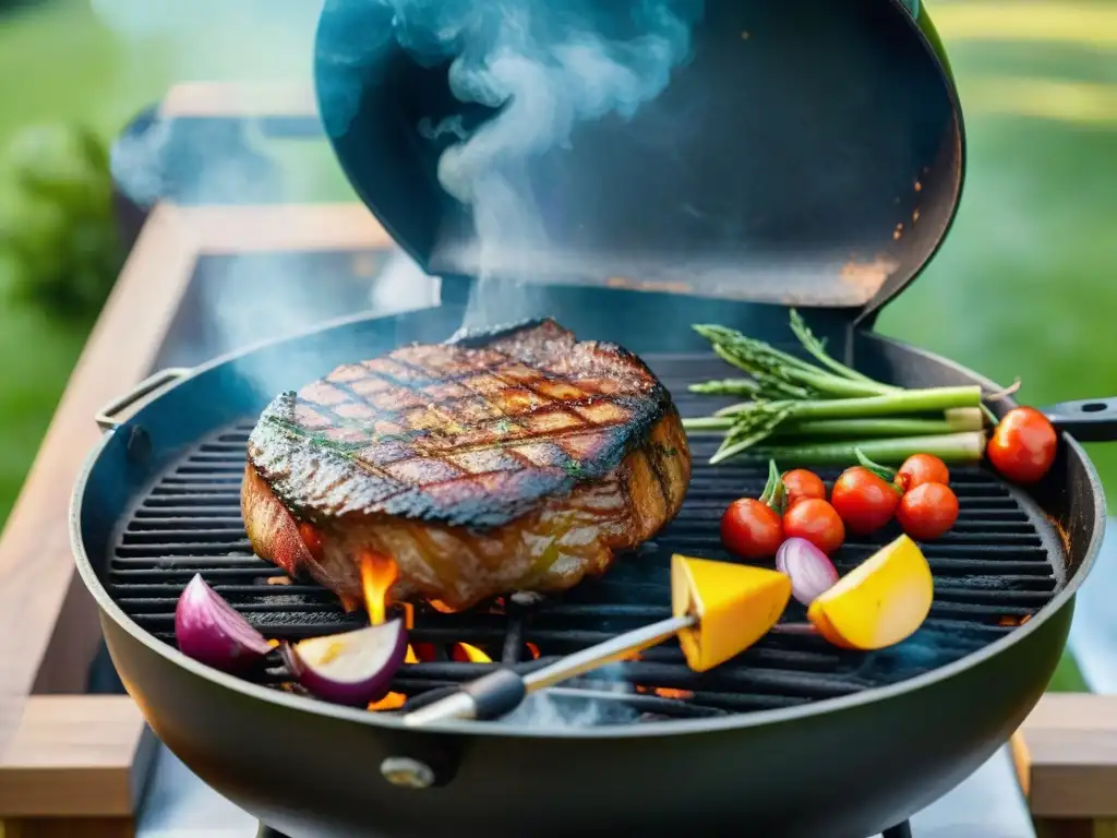 Deliciosa parrilla en el jardín al atardecer con las mejores parrillas antiadherentes asado