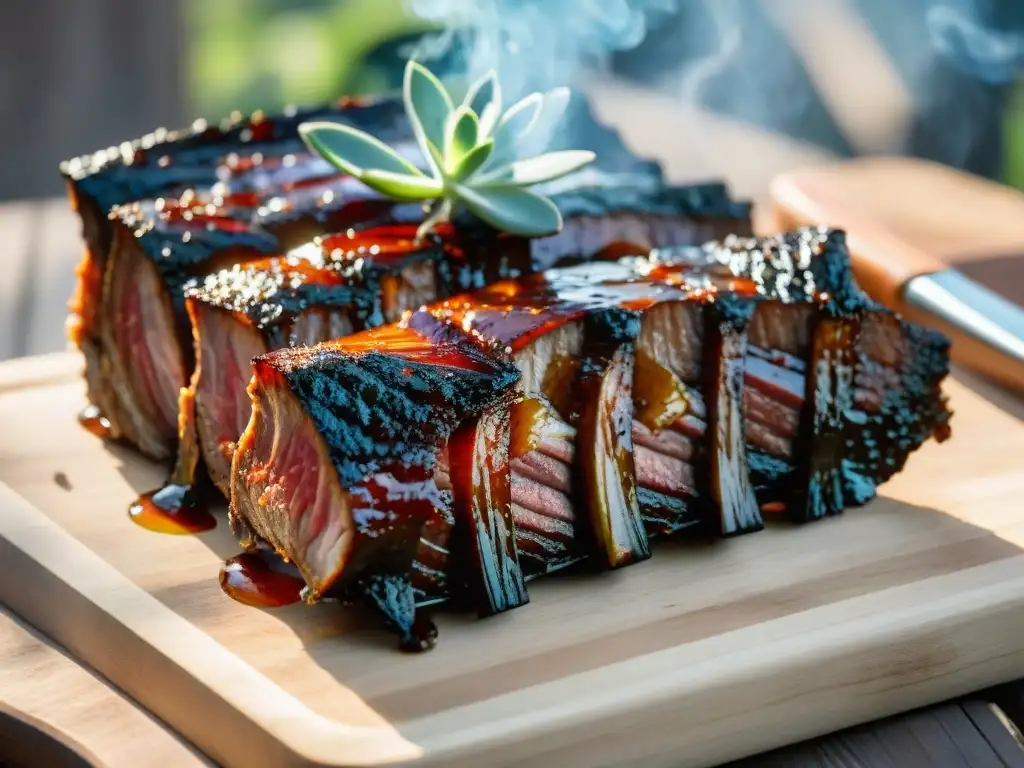 Deliciosa parrilla de costillas ahumadas con glaseado caramelizado, en tabla de madera rústica