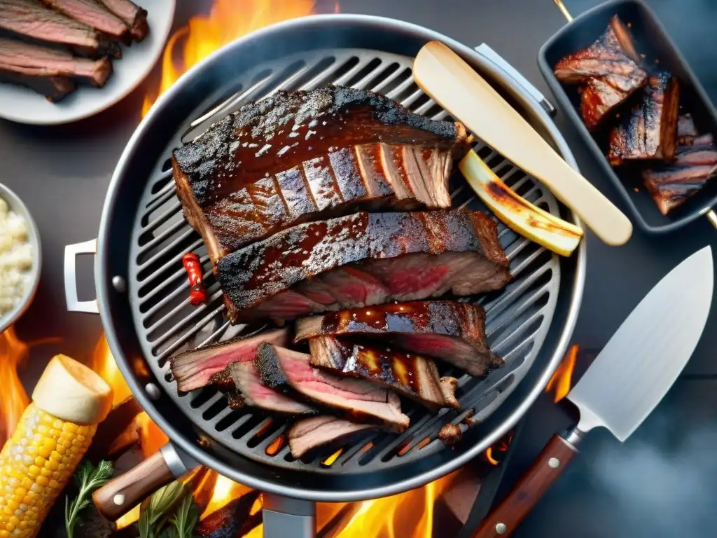 Deliciosa parrilla con costillas de res jugosas, utensilios de asado y hierbas, capturando la esencia de un asado perfecto