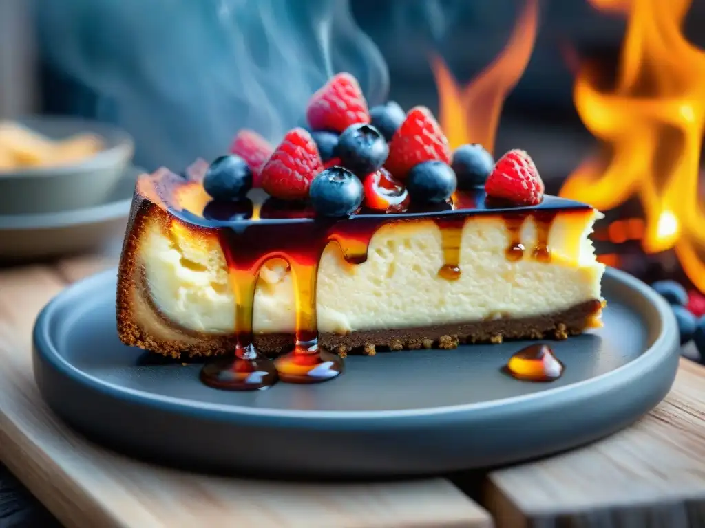 Deliciosa cheesecake a la parrilla con frutas y miel en un plato de madera rústico, iluminada por las llamas