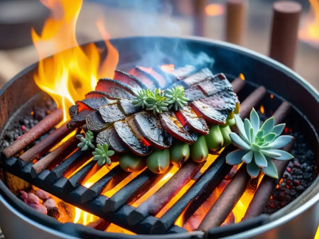 Deliciosa bondiola uruguaya asándose lentamente en parrilla, rodeada de hierbas y especias, humo fragante