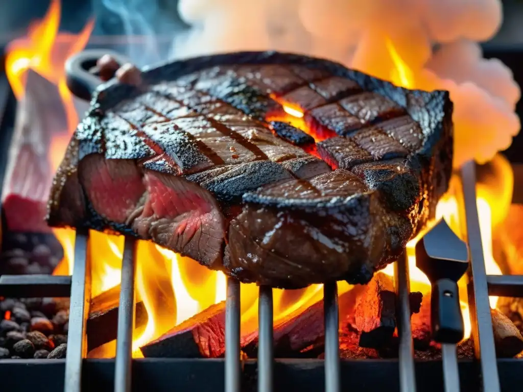 Deliciosa parrilla uruguaya de alta gama en un entorno rústico con brasa ardiente y humo, ideal para reseñas parrillas alta gama Uruguay