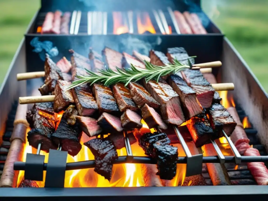 Deliciosa parrilla uruguaya cargada de carne jugosa, rodeada de brasas y humo, en un paisaje verde y cielo azul