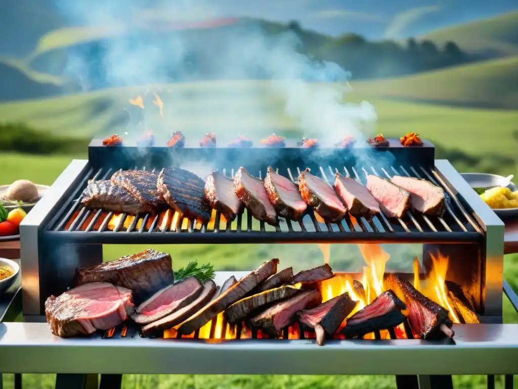 Deliciosa parrilla uruguaya con carnes exóticas en paisaje campestre