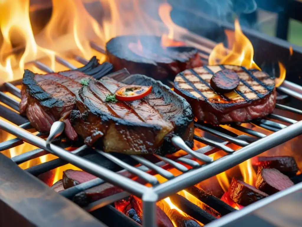 Deliciosa parrilla uruguaya con chorizo, morcilla y más cortes cocinando sobre brasas