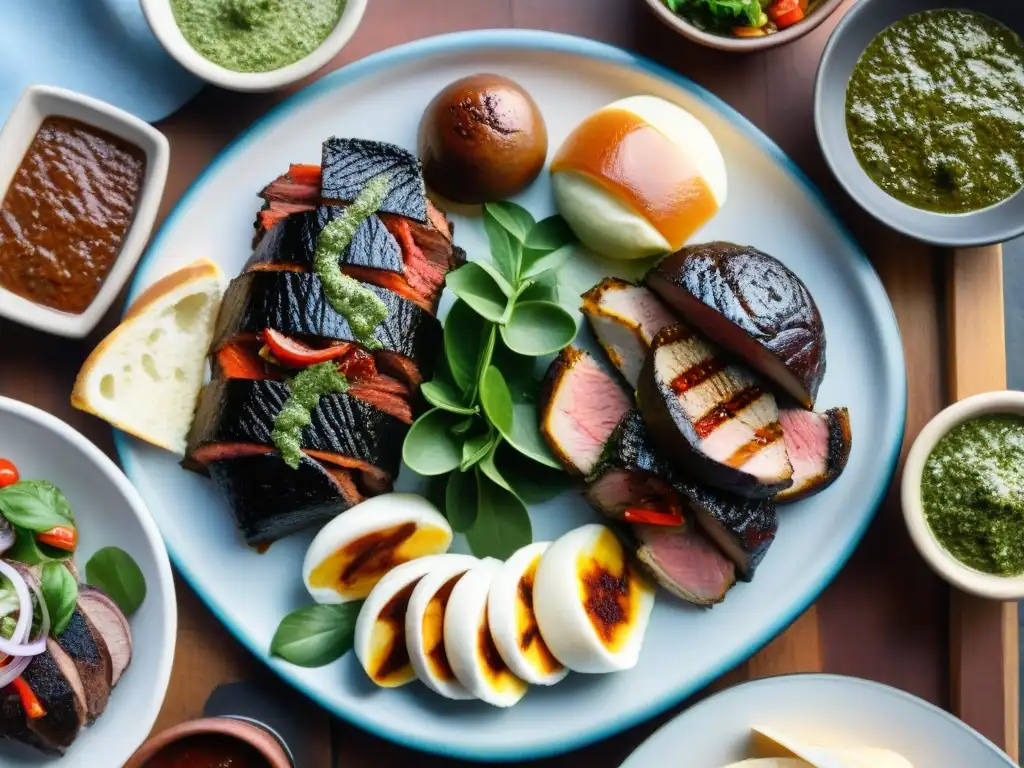 Deliciosa parrilla uruguaya con churrasco, morcilla, chorizo y chimichurri, rodeada de ensalada rusa y provoleta, en paisaje campestre al atardecer