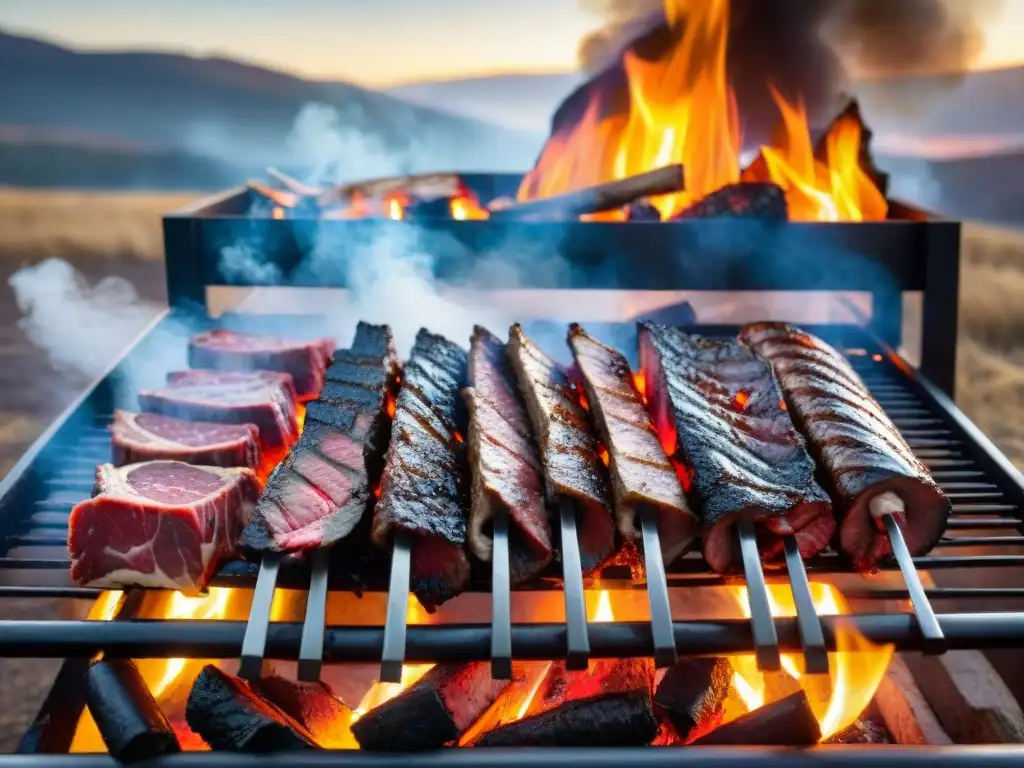 Deliciosa parrilla uruguaya con gauchos asando bajo el cielo sudamericano