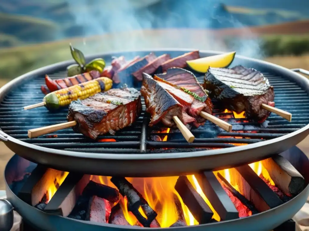 Parrilla uruguaya: tradición y sabor en la campiña Deliciosa parrilla uruguaya con cortes de carne asando al fuego, en un entorno campestre