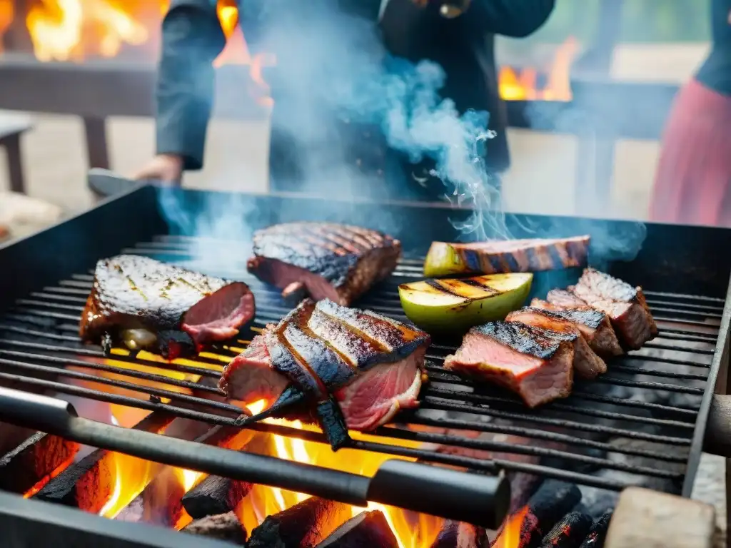 Deliciosa parrilla uruguaya con cortes de carne asándose sobre brasas, en un entorno rústico