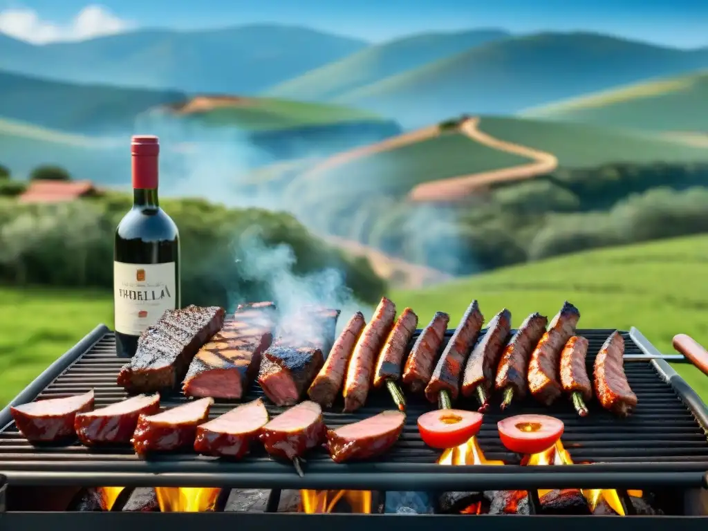 Deliciosa parrilla uruguaya con cortes jugosos y vinos uruguayos jóvenes para asado