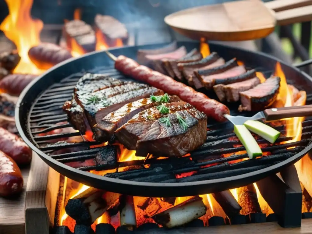 Deliciosa parrilla uruguaya con cortes de carne, chorizos y vacío, cocinados por gauchos