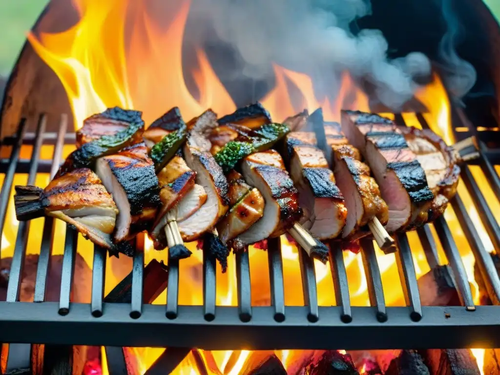 Deliciosa parrilla uruguaya con pollo a la parrilla rodeado de llamas y humo, en un ambiente rústico con amigos