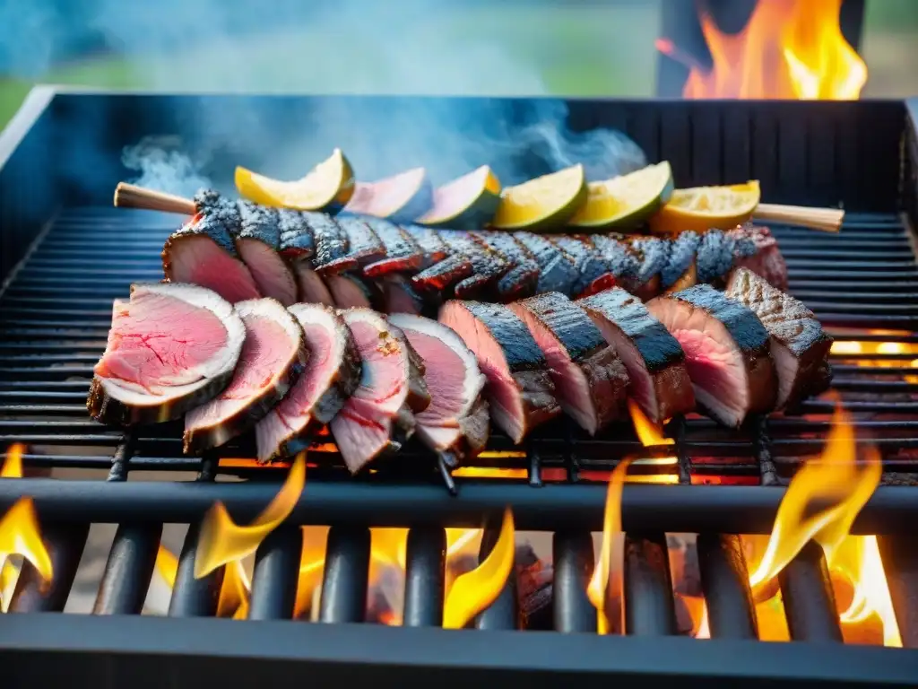 Una deliciosa parrillada de carne de asado uruguayo exótica en un escenario al aire libre bajo un cielo azul vibrante