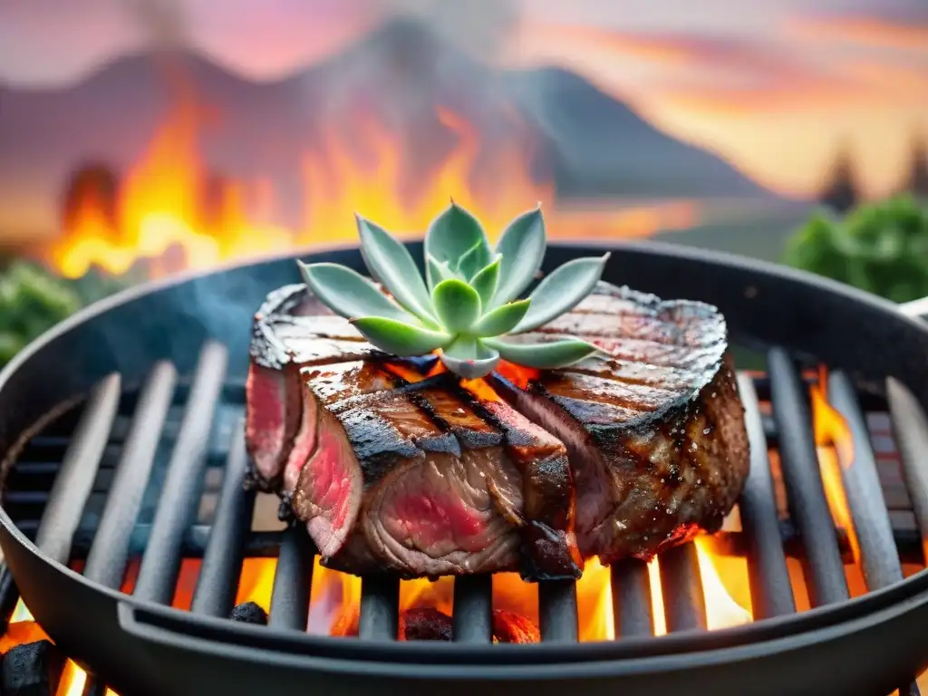 Deliciosa parrillada de carne importada en un jardín al atardecer