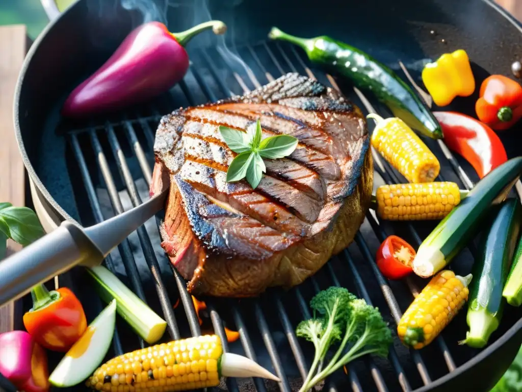 Deliciosa parrillada con carne jugosa y vegetales coloridos asados