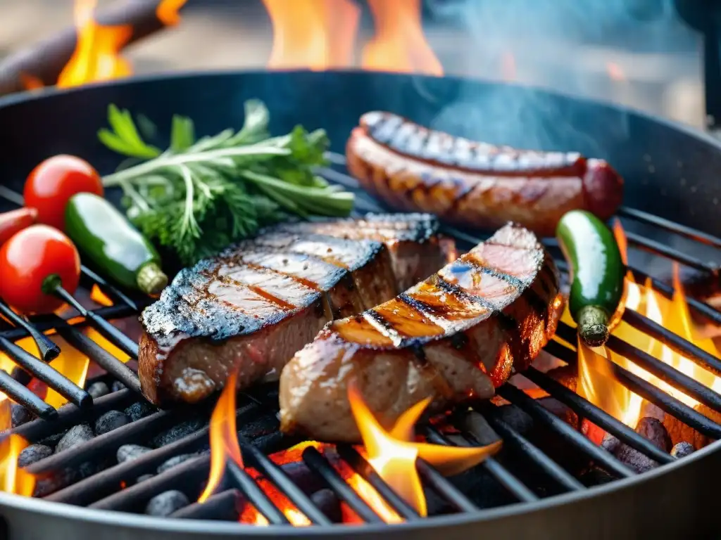 Deliciosa parrillada con carnes jugosas, vegetales a la parrilla y humeante grill