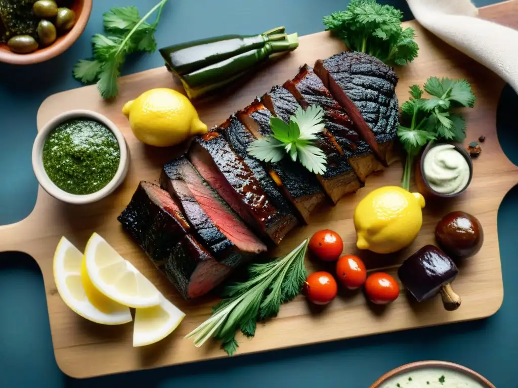 Una deliciosa parrillada uruguaya con churrasco, morcilla y vacío, rodeados de chimichurri, limón y vegetales asados