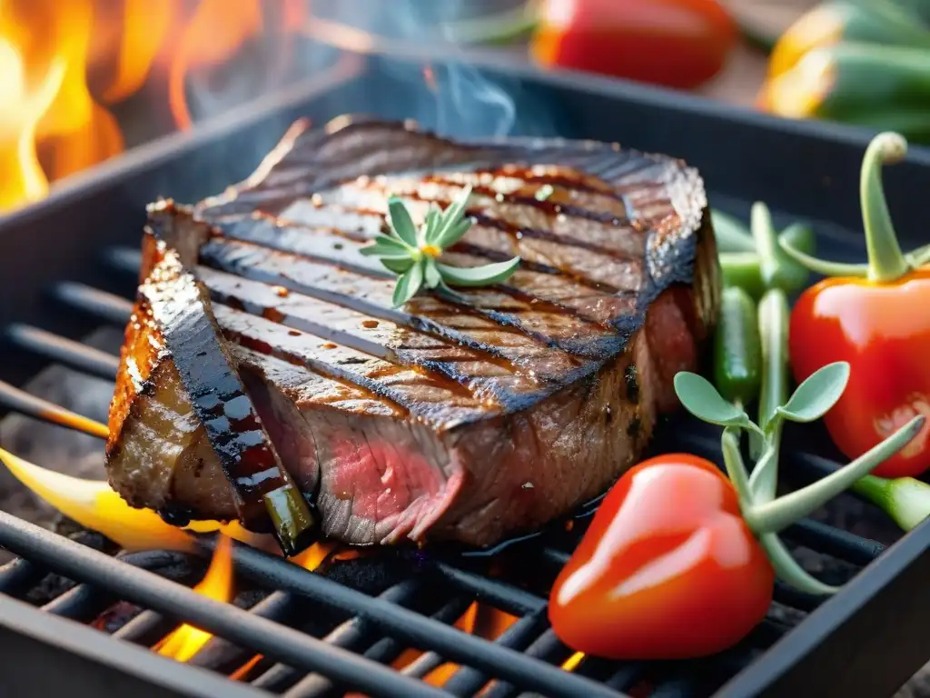 Deliciosa parrillada con cortes bajos en grasa asados, rodeados de vegetales vibrantes y un cálido atardecer