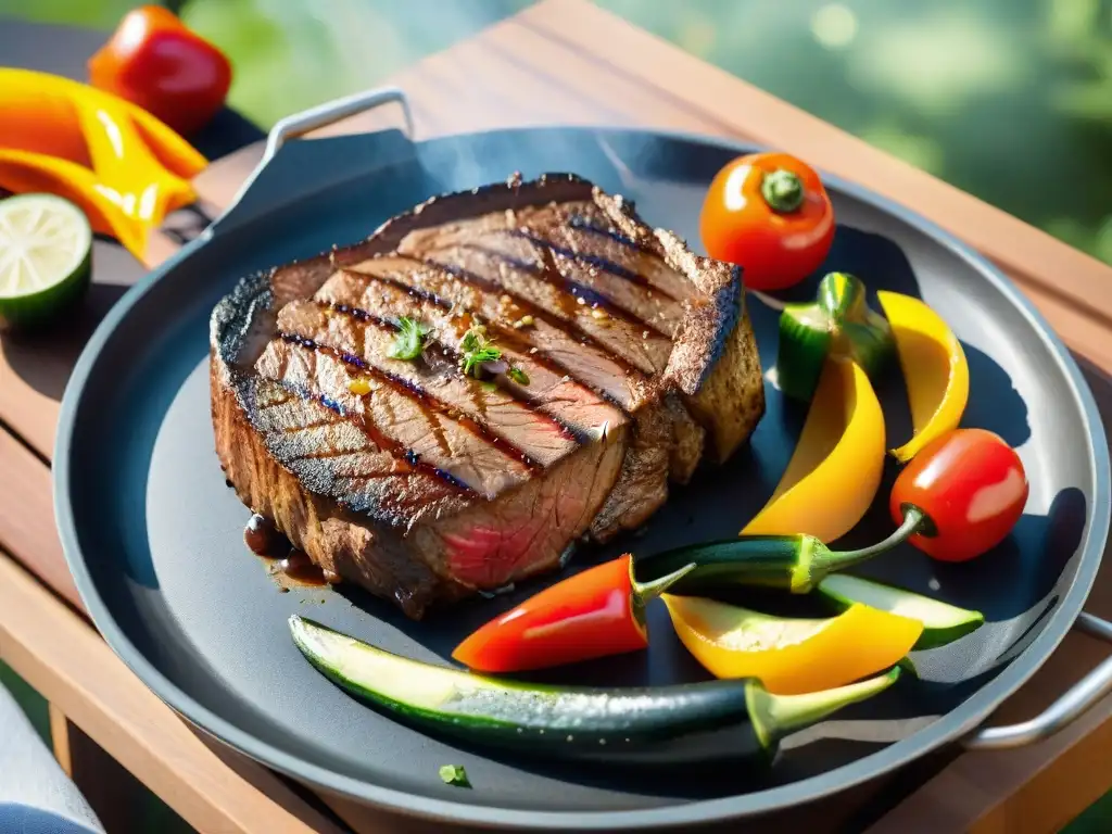 Deliciosa parrillada de cortes de carne asado saludable con vegetales frescos en un ambiente tranquilo al aire libre