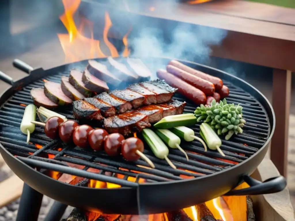 Deliciosa parrillada uruguaya con cortes de carne, chorizos y verduras asadas, ¡Mejorar fotografía asado uruguayo!