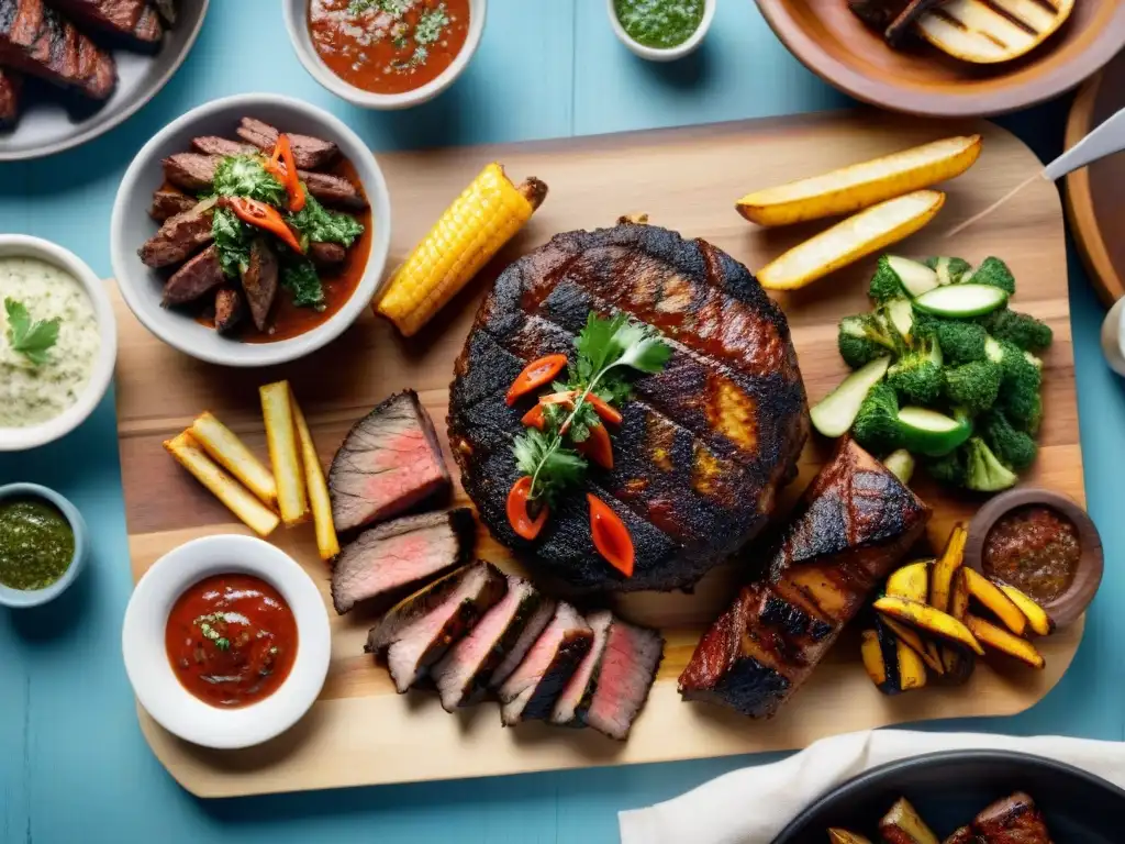 Deliciosa parrillada uruguaya con cortes jugosos y chimichurri, en mesa rústica