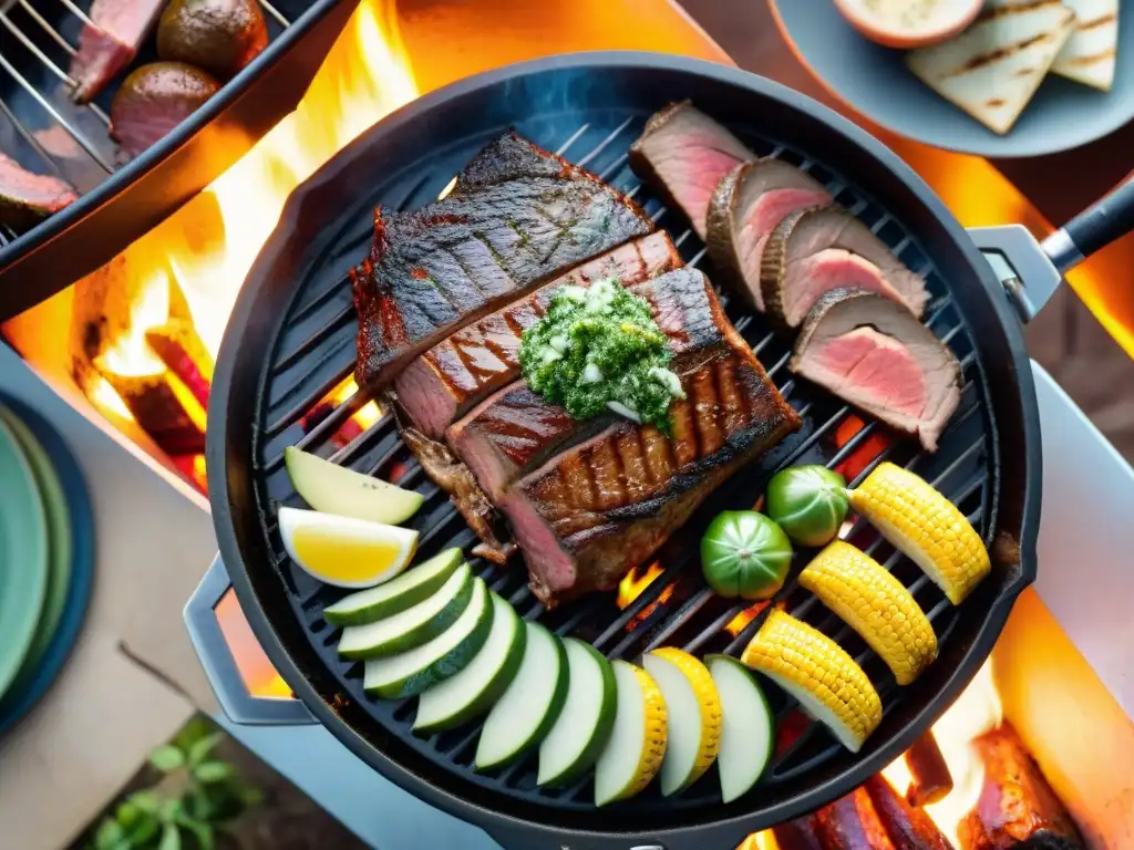 Deliciosa parrillada uruguaya con cortes magros asados como vacío, entraña y matambre, bañados en chimichurri