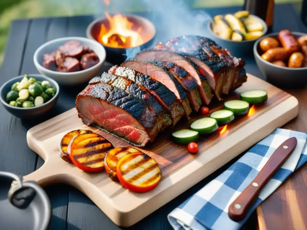 Una deliciosa parrillada uruguaya en detalle, con carnes y vegetales dorados, revelando los Secretos del asado uruguayo