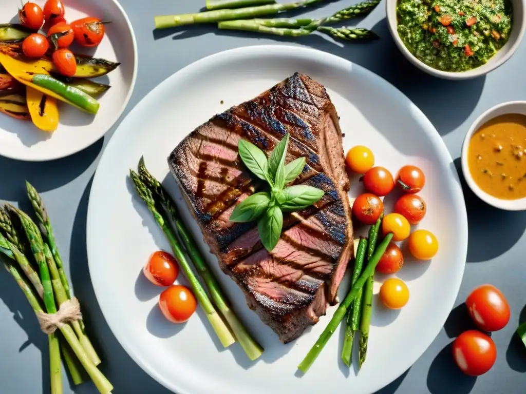 Deliciosa parrillada gourmet con jugoso bistec, vegetales y chimichurri, en ambiente de barbacoa al aire libre