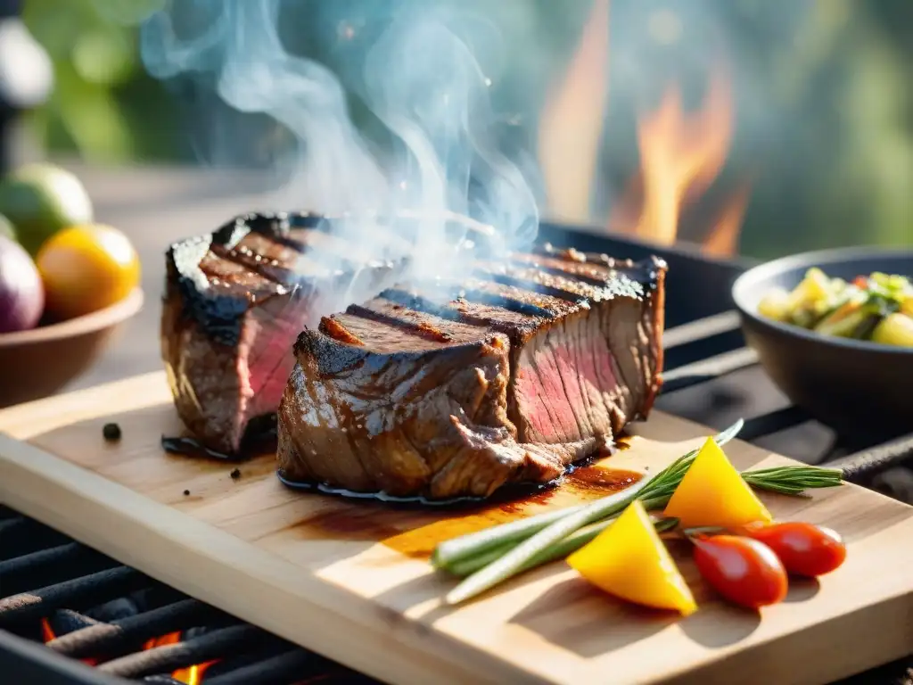 Delicioso asado al aire libre: carne a la parrilla y vegetales Deliciosa parrillada en madera, con carne y vegetales asados, bañados por la cálida iluminación para fotos gastronómicas asado