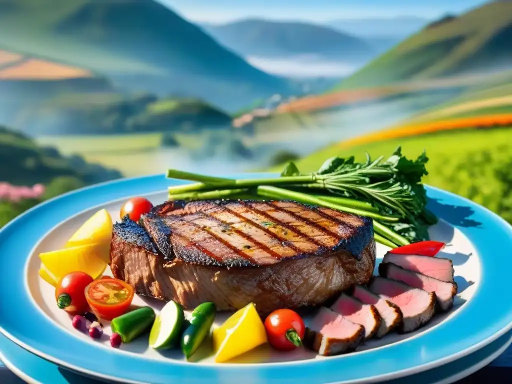 Deliciosa parrillada uruguaya con maridaje Cabernet Franc, carnes jugosas, hierbas frescas y paisaje campestre