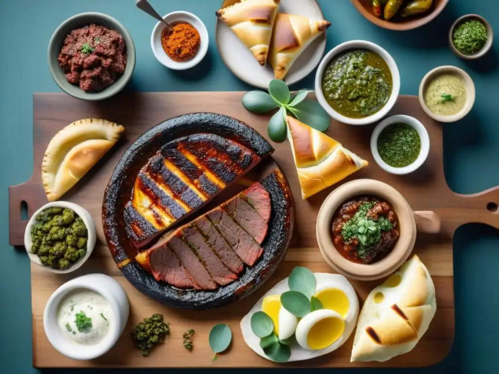 Una deliciosa parrillada uruguaya con marinados para asado uruguayo en una mesa rústica de madera