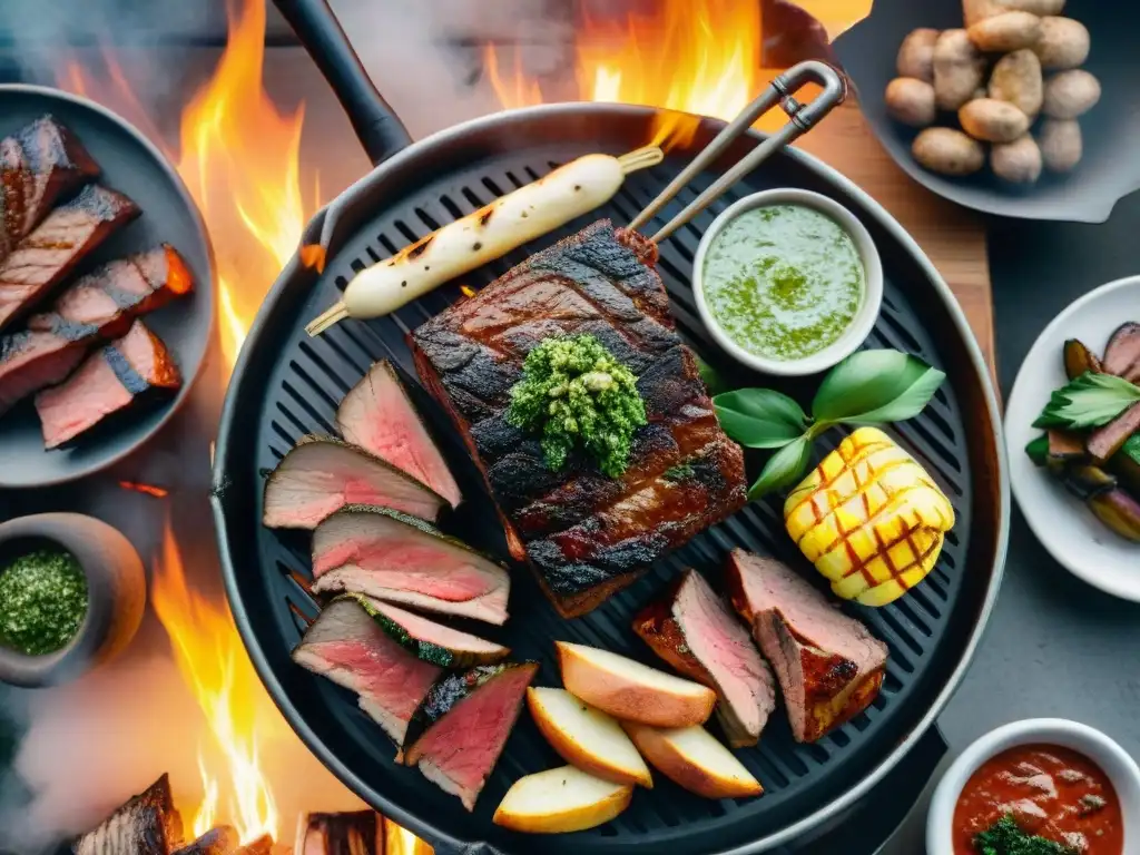 Deliciosa parrillada uruguaya con los mejores cortes de carne asado, acompañados de chimichurri y vegetales a la parrilla