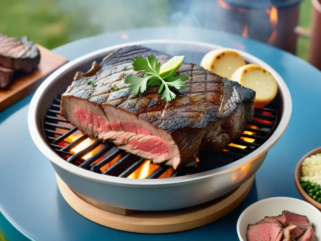 Deliciosa parrillada uruguaya con los mejores cortes de carne asada, chimichurri y paisaje campestre sereno