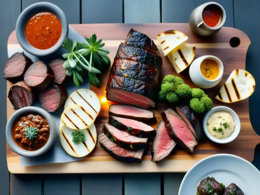 Una deliciosa parrillada uruguaya con los mejores cortes recomendados, rodeada de amigos y familia en un ambiente acogedor al aire libre al atardecer